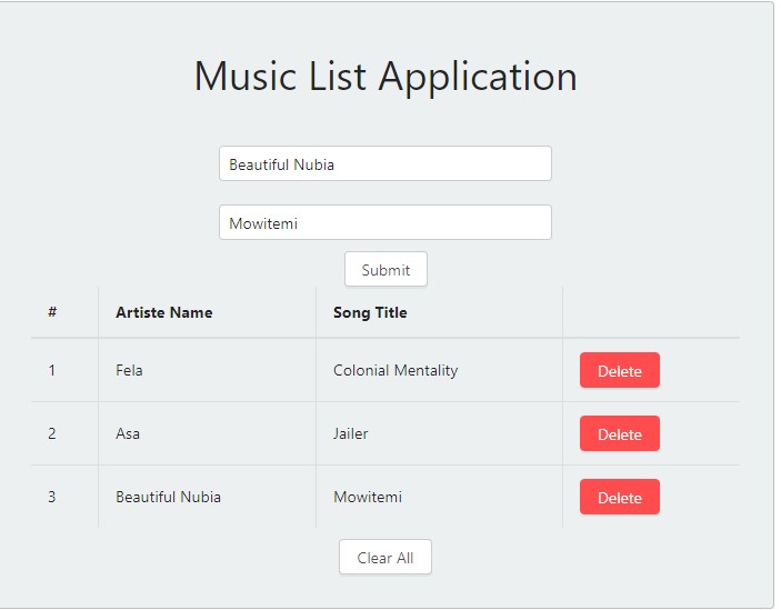 3. Output of the music list application with populated data with incremented number