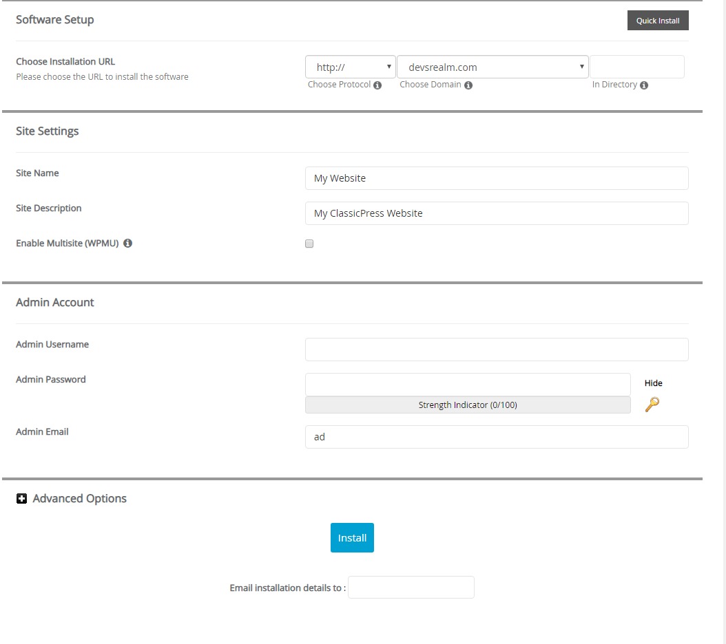 68. Classicpress Custom install setting