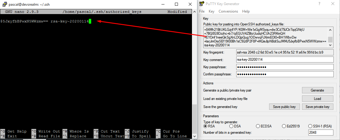 5. paste the publick you created in putty to authorized_keys file