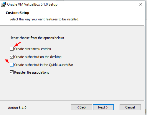 4. Untick boxes when installing virtualbox