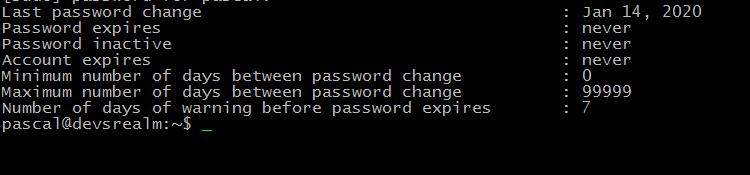 1. view password info using sudo chage -l user